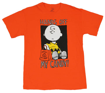Peanuts Mens T-Shirt - "Hands off My Candy" Charlie Brown With Candy Bag Image