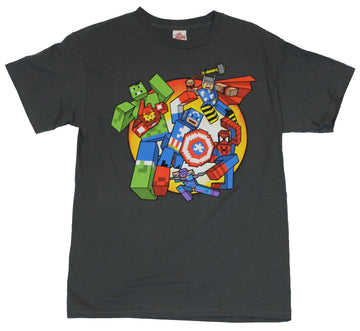 Marvel Comics Mens T-Shirt  - Block Pixel Action Attacking Heroes Image