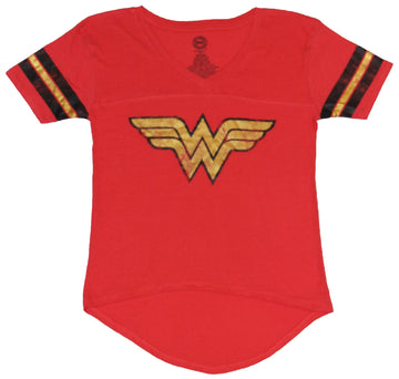 Wonder Woman (DC) Girls Juniors T-Shirt - Distressed Foil Logo Stripe Sleeves