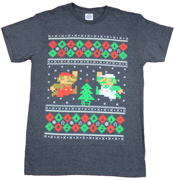 Super Mario Brothers Mens T-Shirt  - Christmas Fair Isle Style 8-Bit Image