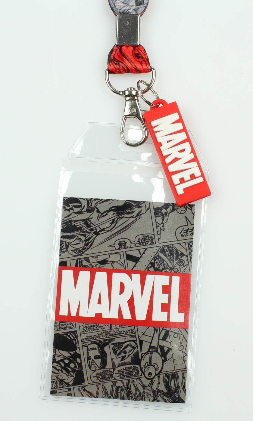 Marvel Lanyard ID Badge Holder, 2" Rubber Charm Pendant with Raised Script and 2 Sided Vintage Comic Strip Pattern