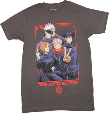 Jujutus Kaisen Mens T-Shirt -Peace Sign Cast Over School Logo