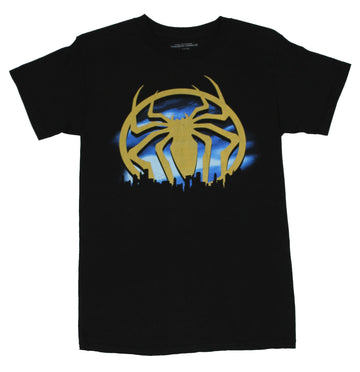Spider-Man (Marvel Comics)  Mens T-Shirt - Gold Logo Above Night City Silhouette