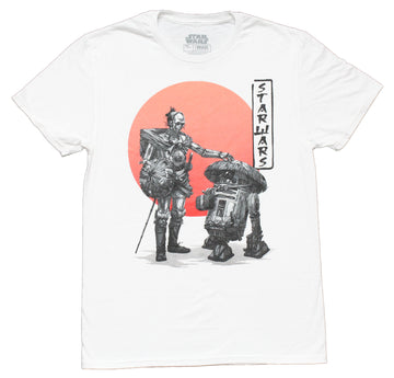 Star Wars Mens T-Shirt -Samurai R2D2 & C-3PO In Front Of Sunset