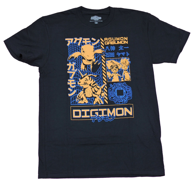 Digimon Mens T-Shirt - Agumon Gabumon Kanji Orange Blue Image
