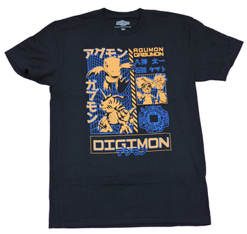 Digimon Mens T-Shirt - Agumon Gabumon Kanji Orange Blue Image