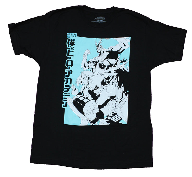 My Hero Academia Mens T-Shirt - Attacking Team in an Aqua Kanji Box