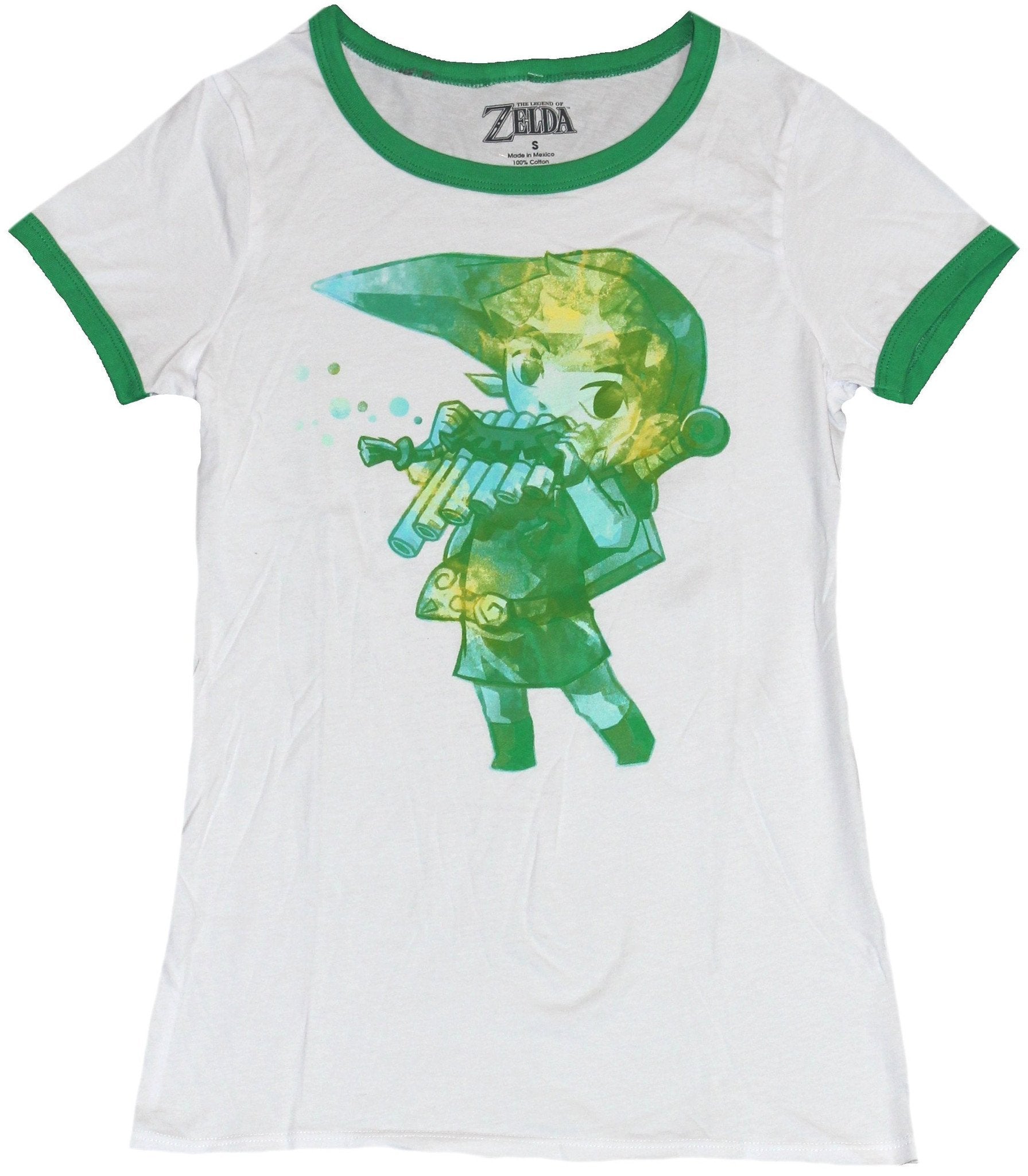 Legend of Zelda Girls Juniors Ringer  T-Shirt - Multi Green Link Playing Flute