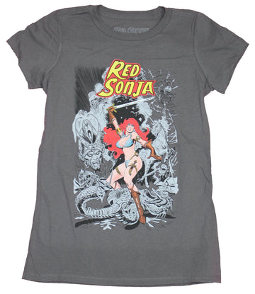 Red Sonja Girls T-Shirt - In Color Hero Surrounded By 2-Tone Enemies