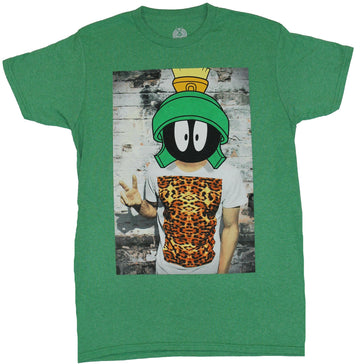 Marvin the Martian Mens T-Shirt - Marvin Head on a Tiger Print Wearing Hipster