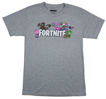 Fortnite Mens T-Shirt  - Chibi Characters Allover Block Letter Logo