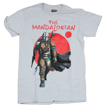 Star Wars The Mandalorian Mens T-Shirt - Approaching Mando in Red Circle Sunset