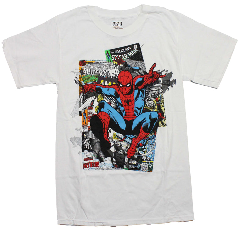 Spider-Man Mens T-Shirt - Spidey Jumping Over Comic Pile - Inmyparentsbasement.com