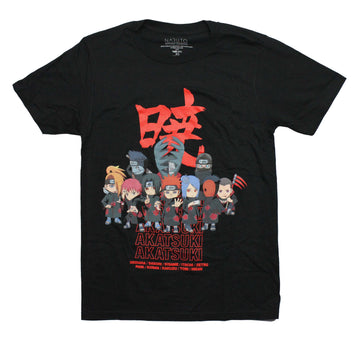 Naruto Shippuden Mens T-Shirt -Chibi Akatsuki Cast with Names Logo on Back