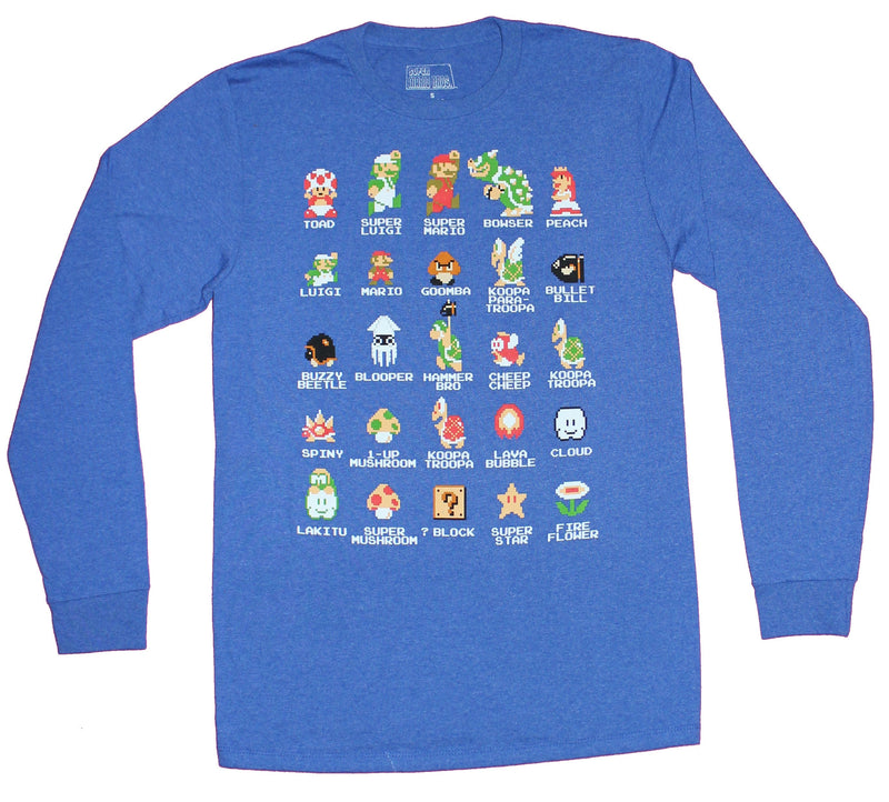 Super Mario Brothers Mens Long Sleeve  T-Shirt - Classic Characters Defined - Inmyparentsbasement.com