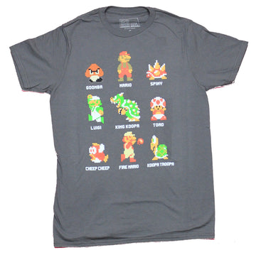 Super Mario Brothers Mens T-Shirt  - 9 Classic 8-Bit Characters Lineup