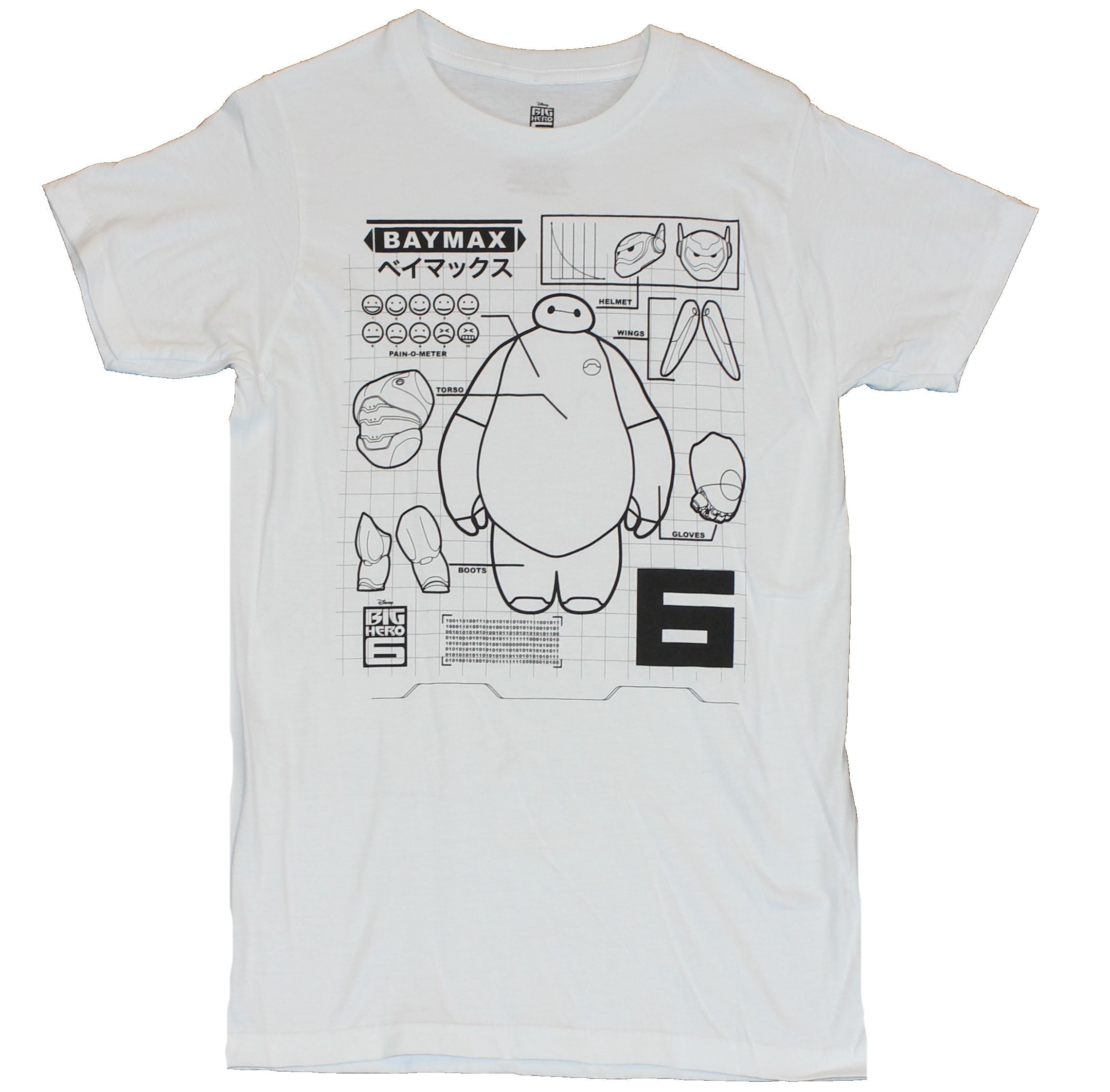 Big Hero Six 6 Mens T-Shirt - Baymax Black and White Blue Print Image