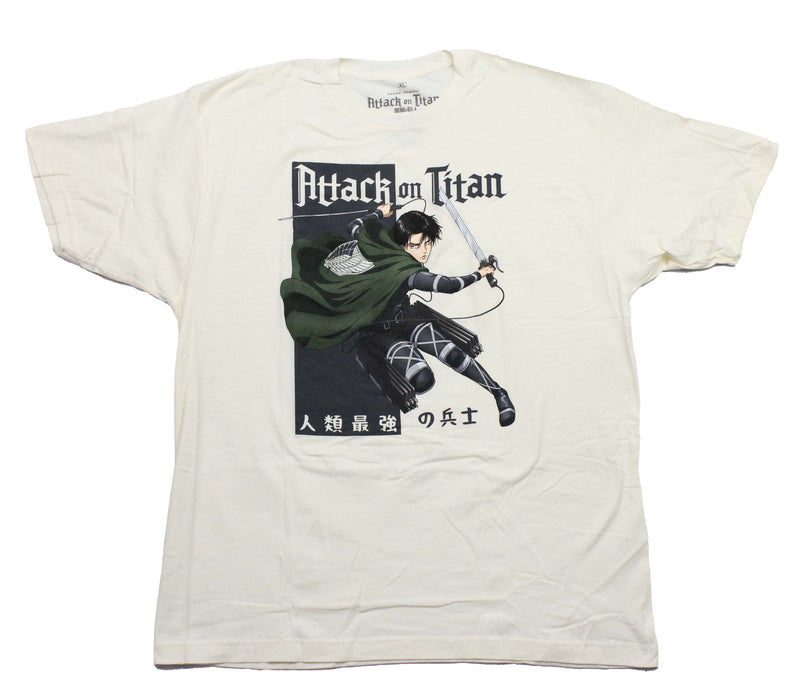 Attack on Titan Mens T-Shirt - Attacking Levi Holding Weapons over Kanji