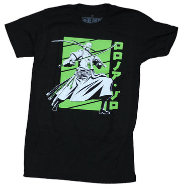 One Piece Mens T-Shirt - Zoro Posed on Green Kanji