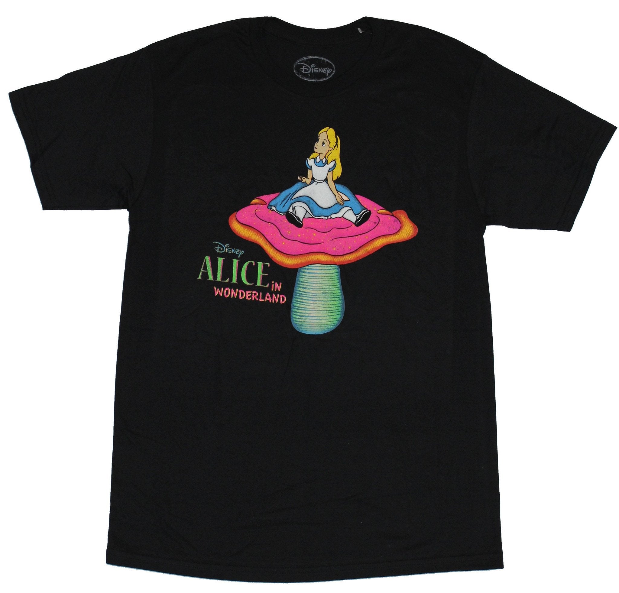 Alice in Wonderland Mens T-Shirt - Alice Siting on Colorful Mushroom mage