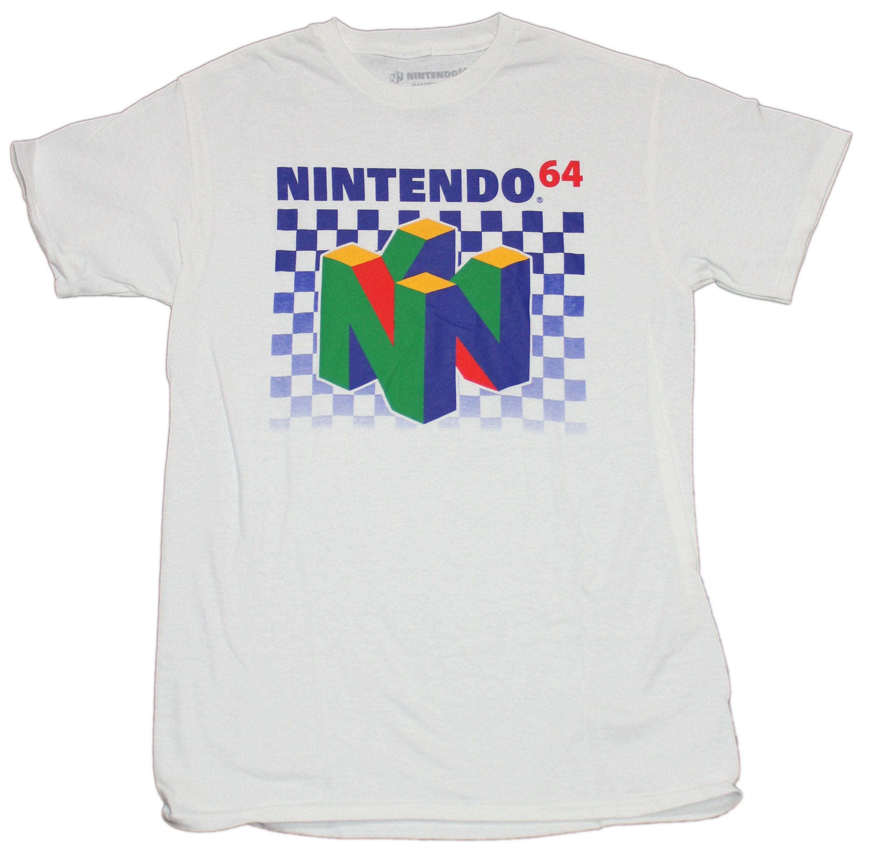 Nintendo 64 Mens T-Shirt - Classic Logo On Blue Checkers