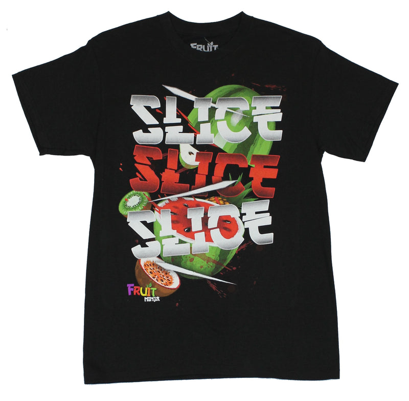 Fruit Ninja Mens T-Shirt - Slice, Slice Slice! Image on Black
