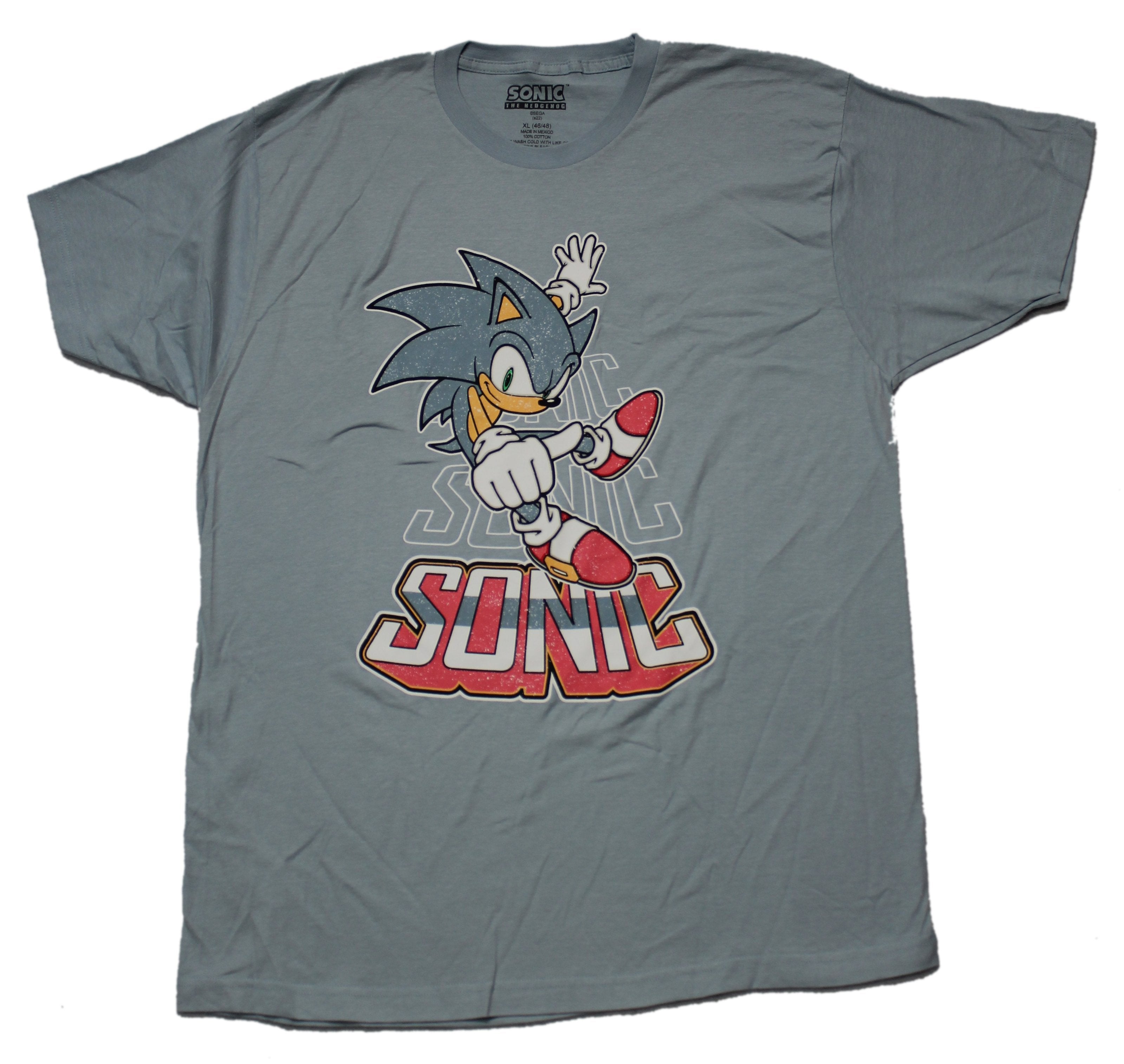 Sonic The Hedgehog Mens T-Shirt - Pointing Sonic Over Name Drop