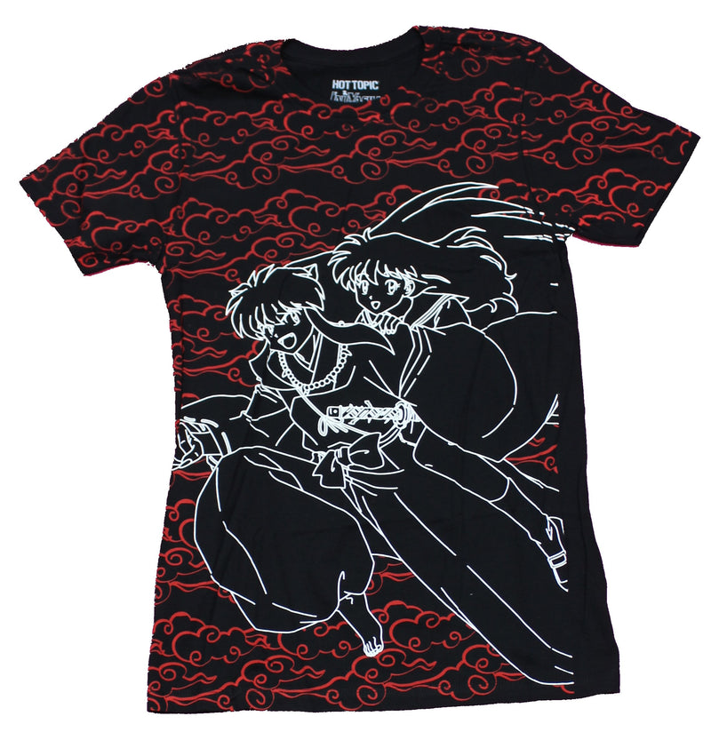 Inuyasha Girls Juniors T-Shirt - White Outlined Kagome & Inuyasha Red Clouds