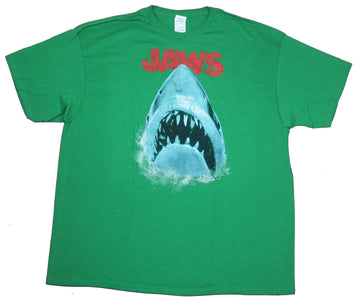 Jaws Mens T-Shirt- Distressed Big Mouth Shark Under Red Name Image