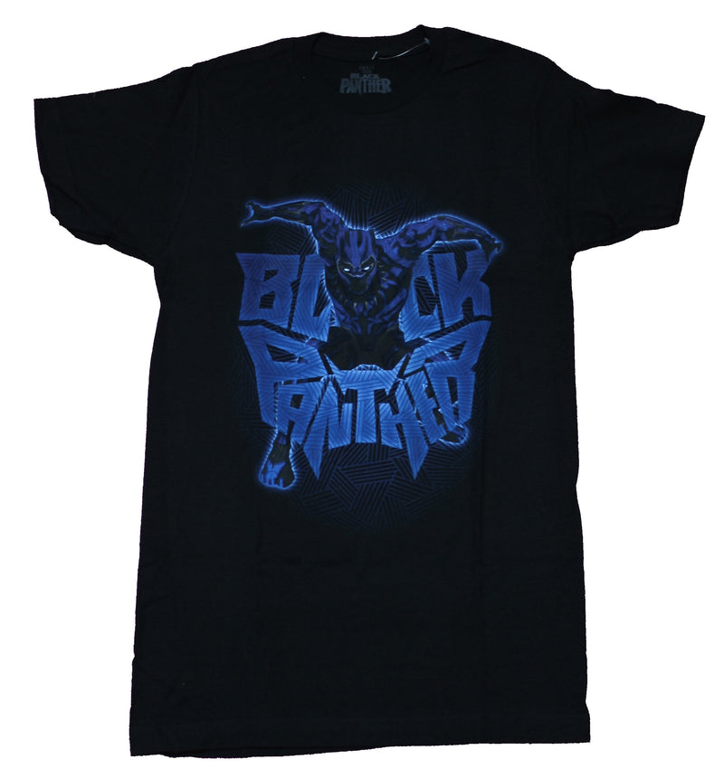 Black Panther Mens T-Shirt - T-Challa Diving Through Blue Letter Logo - Inmyparentsbasement.com