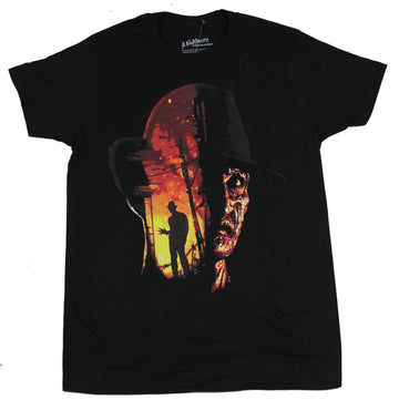 Nightmare On Elm Street  Mens T-Shirt - Freddy Silhouette and Fiery Face