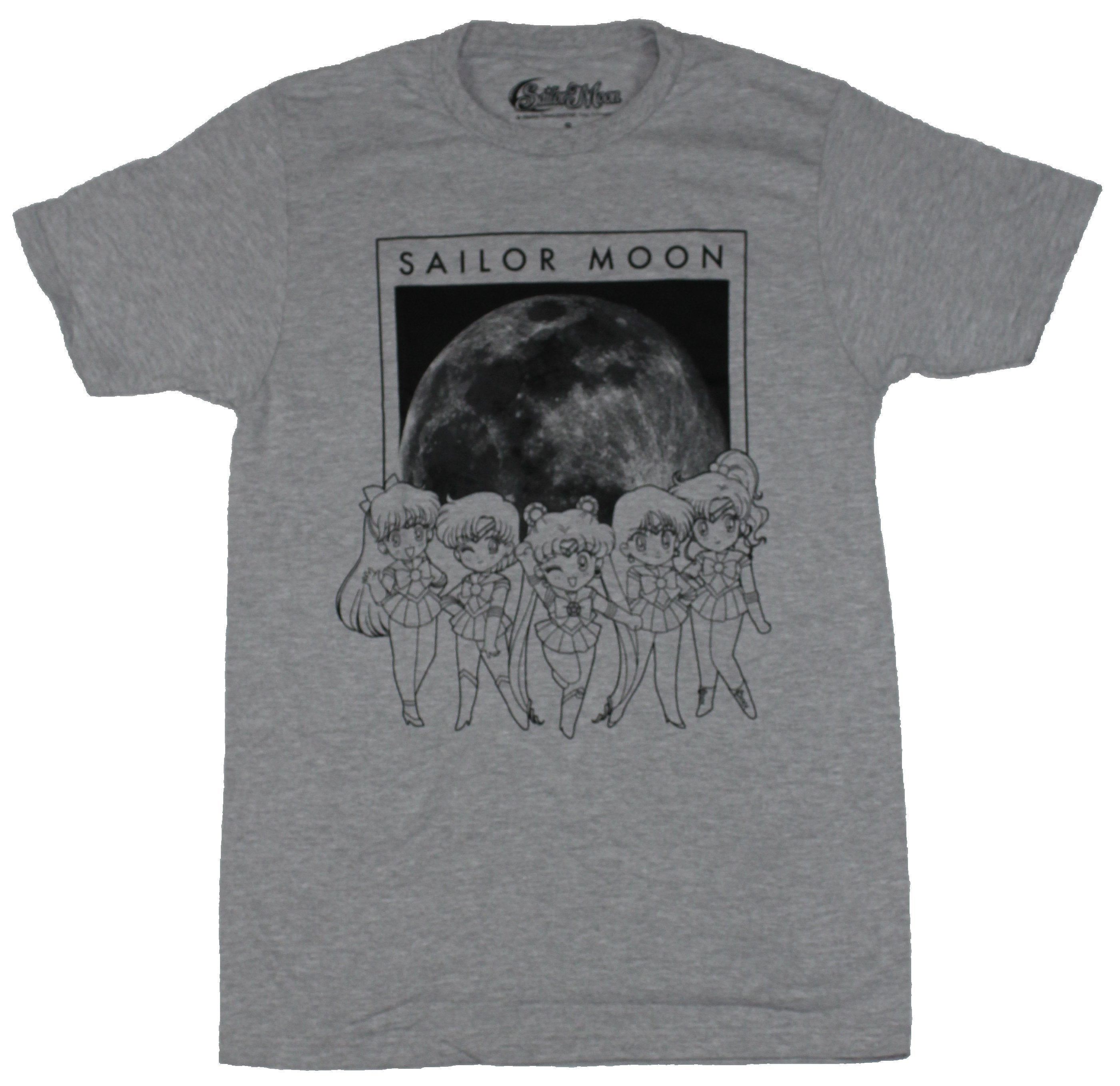 Sailor Moon Mens T-Shirt - Standing Chibi Sailor Group Under Moon Image