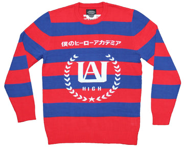 My Hero Academia Mens Pull Over Sweater - UA High Crest Red Blue Striped
