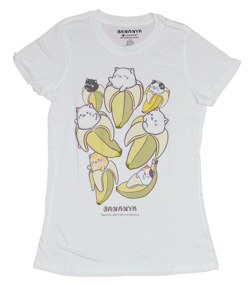 Bananya Girls Juniors T-Shirt - Group of Seven Different Kinds of Banana Cats - Inmyparentsbasement.com