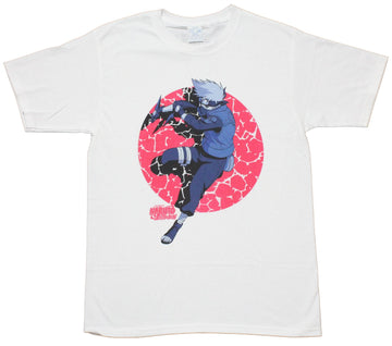 Naruto Shippuden Mens T-Shirt - Kakashi Fighting Knife Stance  Pink Circle