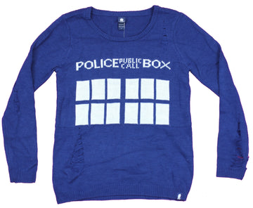 Doctor Who Girls Juniors Sweater- Distressed Sweated Police Call Box Image