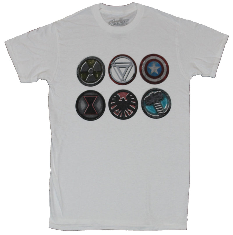 The Avengers Marvel Comics Mens T-Shirt - Distressed Circle Logos Of Characters - Inmyparentsbasement.com