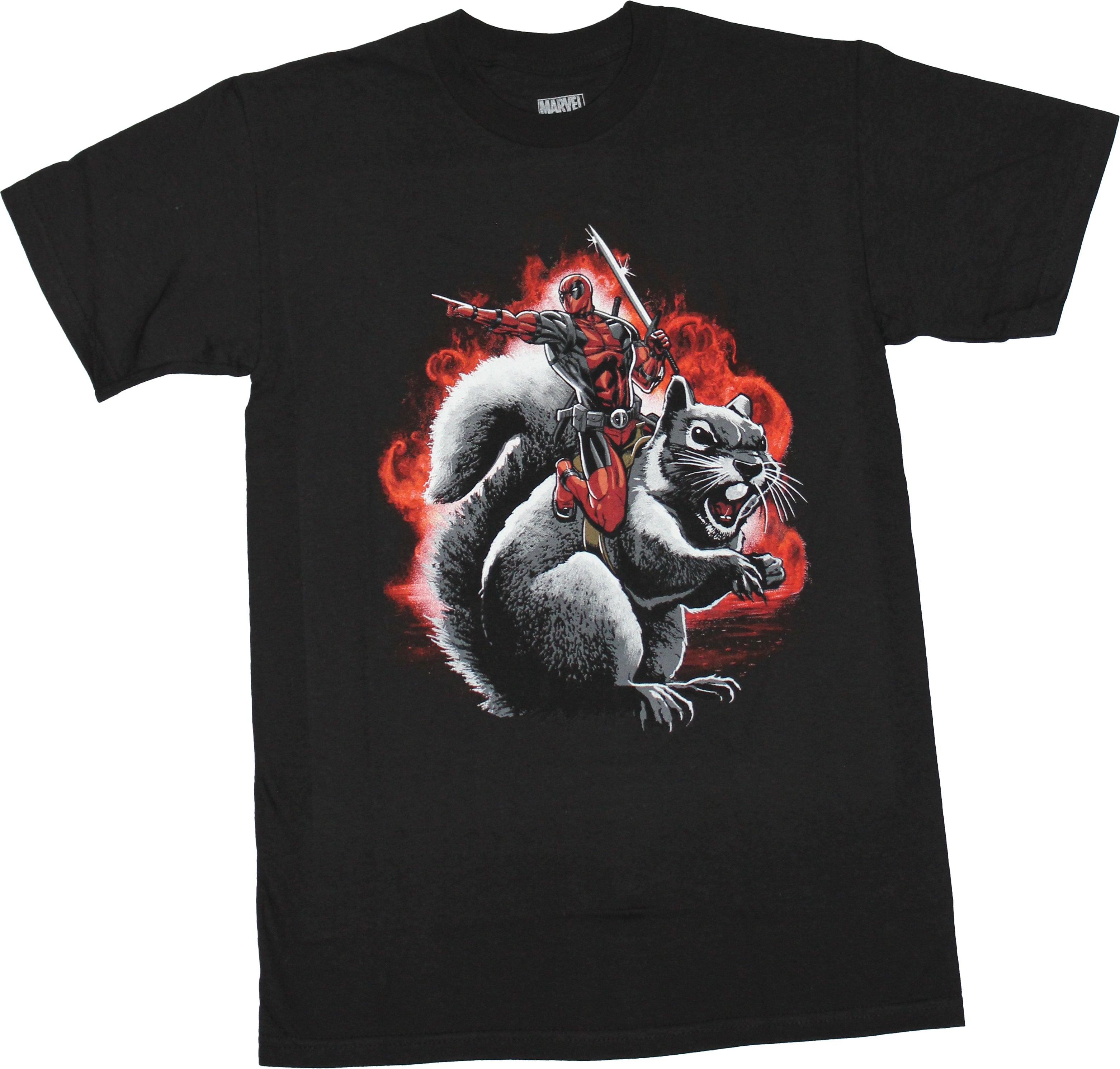Deadpool Mens T-Shirt - Pointing While Riding Squirrel