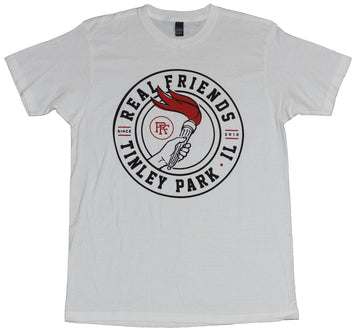 Real Friends Mens T-Shirt - Tinley Park, IL Torch Carrying Hand Image