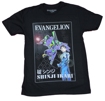 Evangelion Mens  T-Shirt - Shinji Ikari Boxed With Mech Image