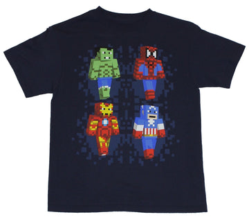 Marvel Comics Mens T-Shirt  - Block-Pixel Walking Spidey, Hulk, Iron Man & Cap