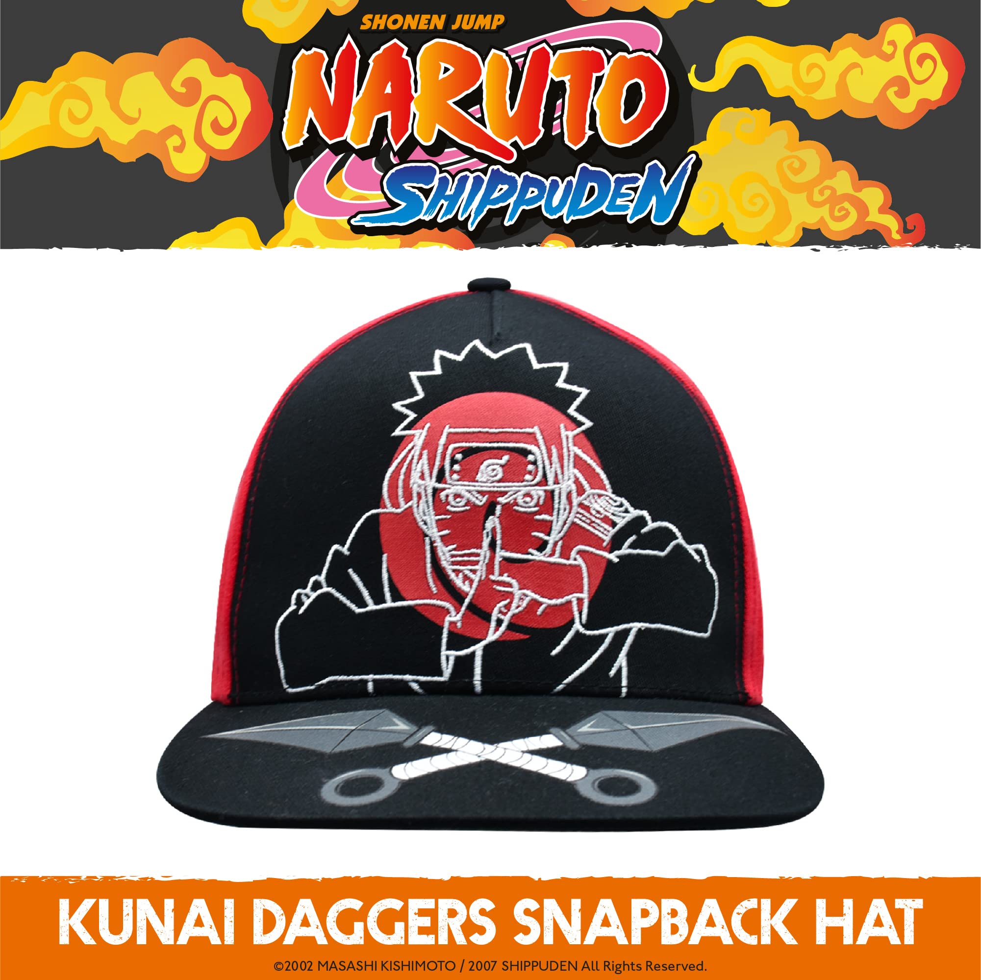 Naruto Baseball Hat, Jutsu Daggers Design Adult Snapback Cap with Flat Brim, Red/Black, One Size