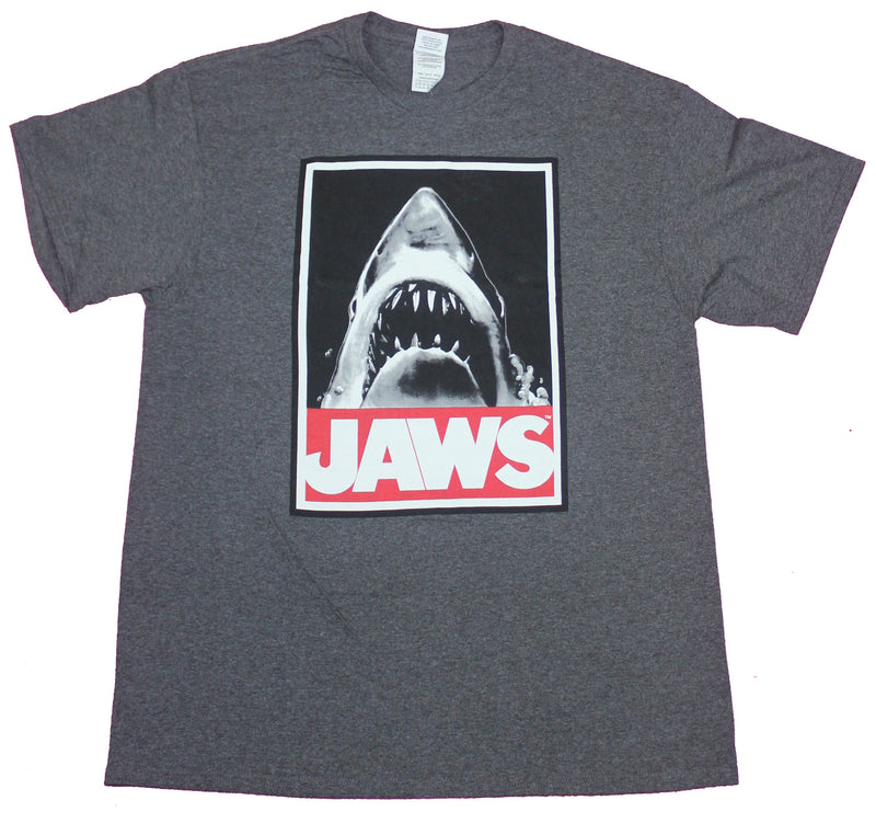Jaws Mens T-Shirt- Big Mouth Shark Over Red Name Image