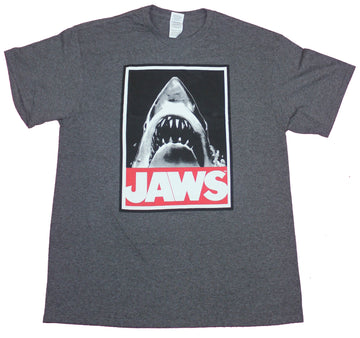 Jaws Mens T-Shirt- Big Mouth Shark Over Red Name Image