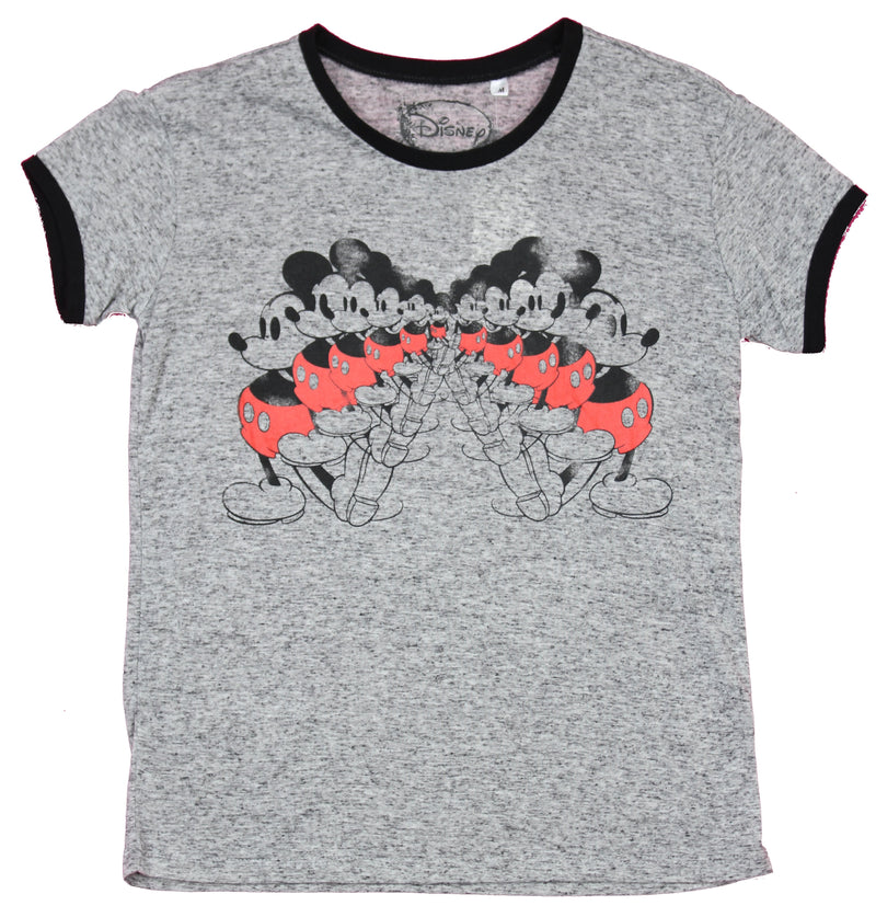 Mickey Mouse Girls Juniors Ringer T-Shirt  - Distressed Mickey Mouse Repeated Image