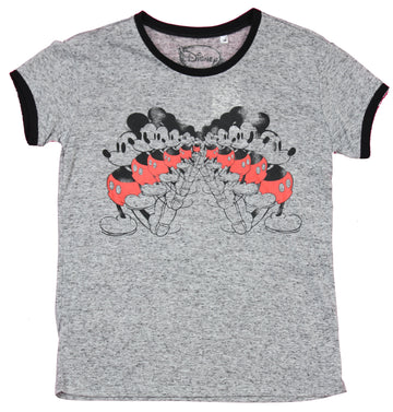 Mickey Mouse Girls Juniors Ringer T-Shirt  - Distressed Mickey Mouse Repeated Image
