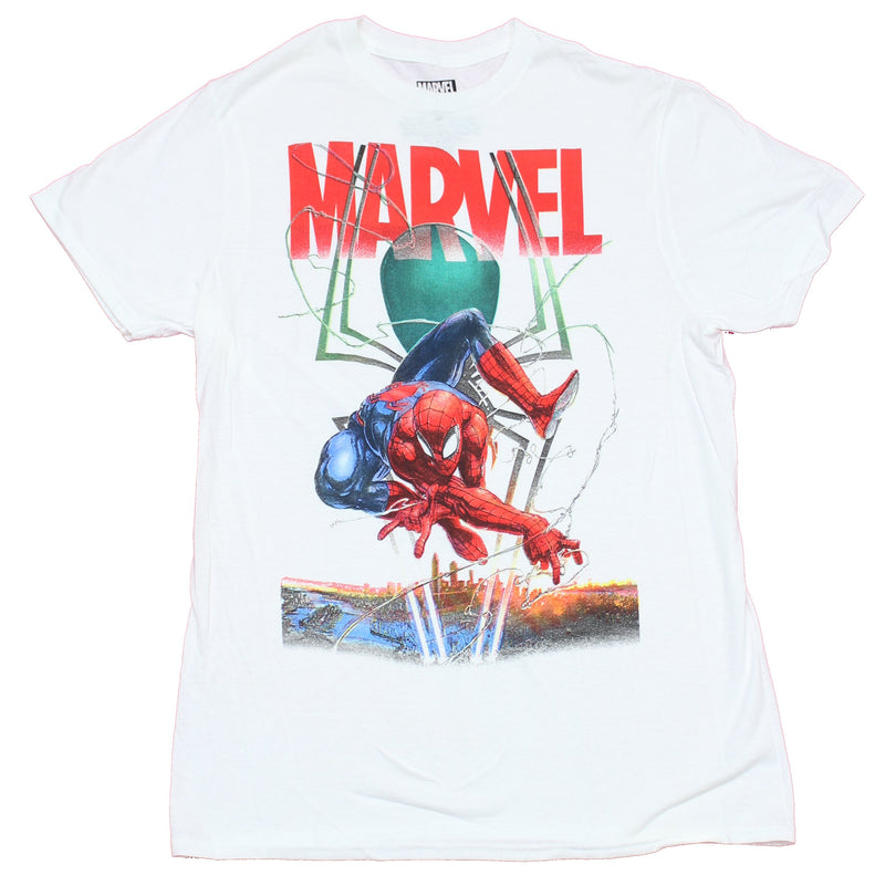Spider-man Mens T-Shirt -  Dangling Spidey Under Red Marvel Logo