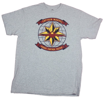 Captain Marvel Mens T-Shirt- Higher Further Faster Yellow Star Globe Image
