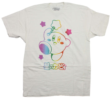 Kirby Mens T-Shirt - Jumping With Wand Rainbow Print