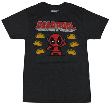 Deadpool (Marvel Comics) Mens T-Shirt - Chibi Style Wade in The Middle Of Tacos